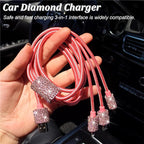 Bling Dual USB Car Charger with 3-in-1 Multi Fast Charging Cable, Dual Port Charger Adapter with Type C Micro USB Cord for iPhone, Android, Rhinestones Car Interior Accessories for Women(Pink)