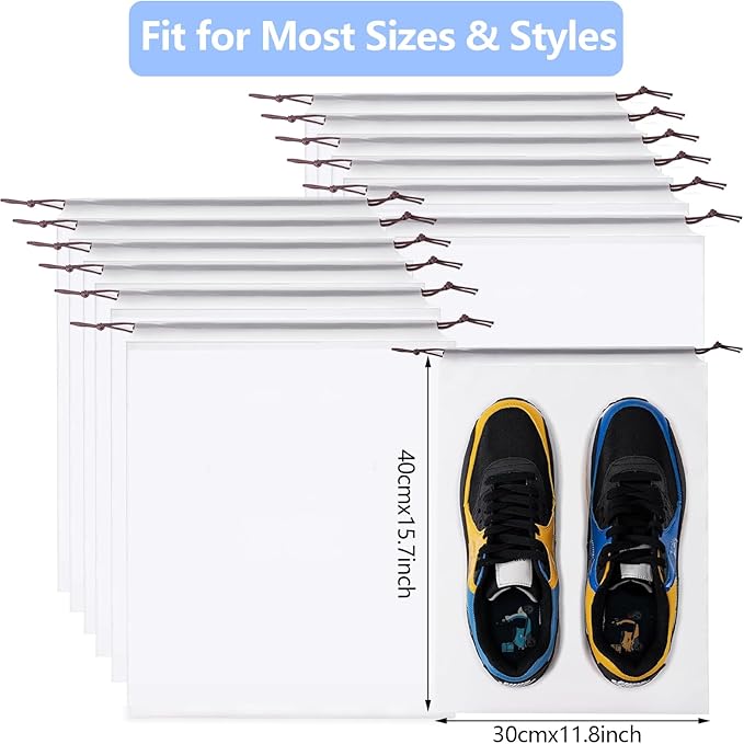 12pcs Transparent Shoe Bags for Travel with Rope，11.8in X 15.7in Portable Clear Travel Shoe Bags for Men and Women，Large Waterproof Dustproof Drawstring Shoe Storage Bag，Travel Essentials
