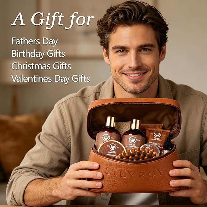 Fathers Day Spa Gift Set for Men - Luxuious 30-Piece Sandalwood Bath & Beard Gift Set for Men, Bath & Body Care Kit for Him with Beard Wax | Christmas, Valentines Day, Birthday, Gift for Father Dad