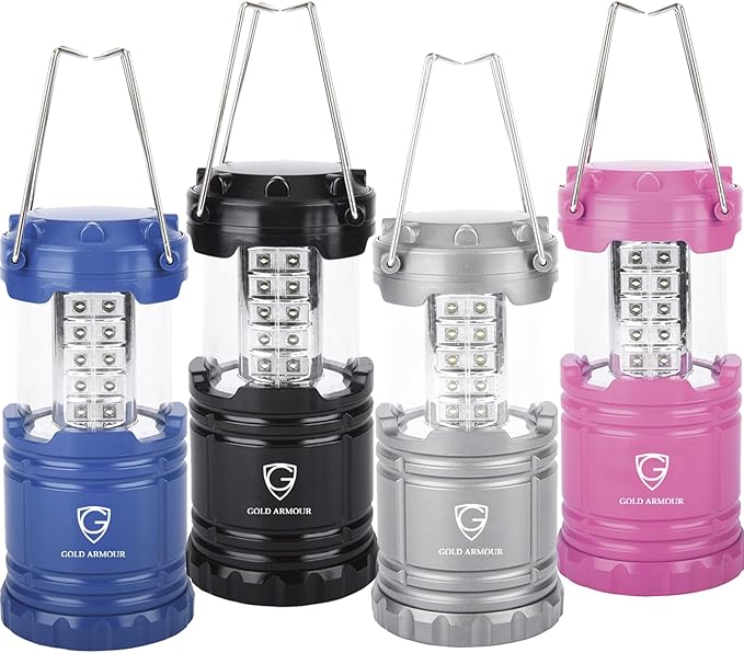 Gold Armour Camping Lanterns for Power Outages 4 Pack, Camping Essentials Lantern, Emergency Led Battery Operated Lights, Survival Kit and Gear for Hurricane (Multicolor)