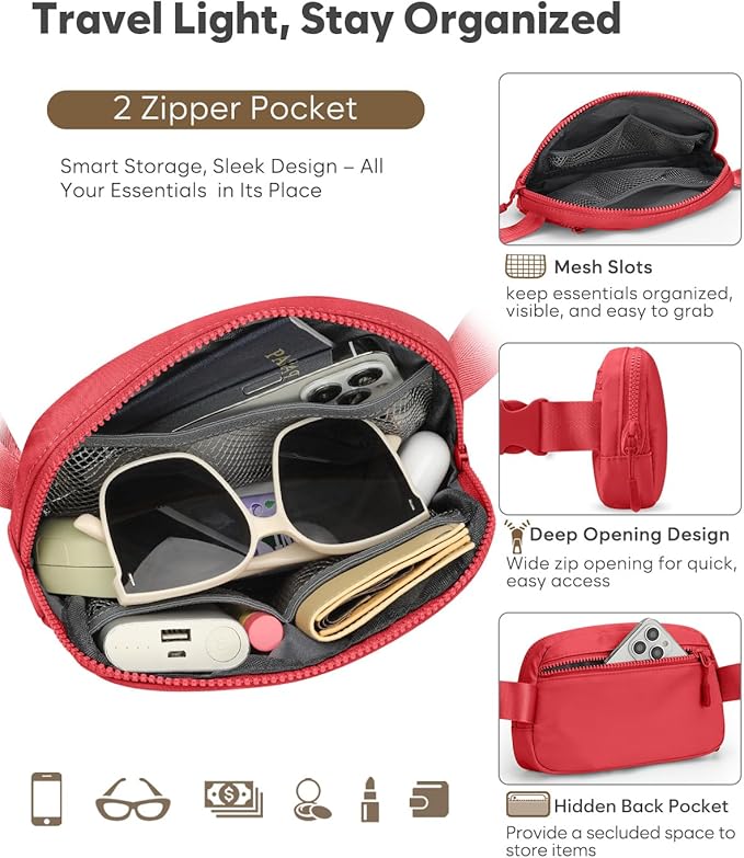 Pritent Fanny Packs for Women Cross Body Bag Waterproof Belt Bag with Adjustable Strap and Zipper Back Pocket Small Crossbody Bags Fashion Waist Packs for Workout Travelling(Coral Red)