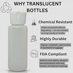 Translucent Squeeze Plastic Bottles with Flip Top Caps, 2 oz TSA Approved, Set of 3, Chemical Resistant, FDA Compliant. Safe for Premium Costmetic, Shampoo, Conditioner and DIY projects.