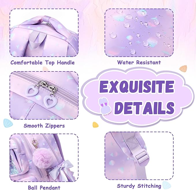 PIG PIG GIRL Kids Backpack for Girls - School Bags for Middle School Students - Book Bag for Elementary Primary - Kawaii Ita Backpack - Purple Shell