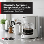 MUELLER HOME 12-Cup White Coffee Maker - Borosilicate Carafe, Auto-Off, Reusable Filter, Anti-Drip, Keep-Warm Function, Clear Water Level Window, White Kitchen Accessories