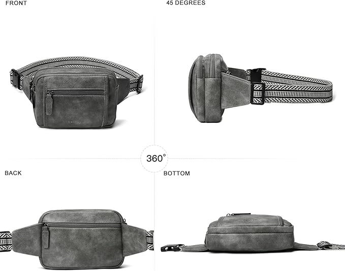 LATMAP 3L TRIPLE ZIP Fanny Packs Belt Bag For Women Men Crossbody Waist Pack Sling Chest Bum Travel Bag Purse Faux Leather Fashion Cute Dark Grey