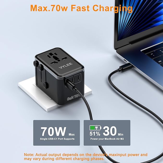 VYLEE 70W GaN International Travel Adapter, Universal Power Adapter with 3 USB-C (PD 70W) & 1 USB-A Ports, Worldwide Wall Charger for US to Europe, UK, Ireland, AU, Asia, Works in 200+ Countries