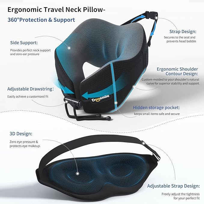 Novelty Patented Head-bobble-preventing Ergonomic 360° Supporting Memory Foam Travel Neck Pillow w/ 3D Contoured Eye Mask Sleeping Essentials Combo for Airplane Long Flight Train Bus Car Trip