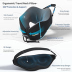 Novelty Patented Head-bobble-preventing Ergonomic 360° Supporting Memory Foam Travel Neck Pillow w/ 3D Contoured Eye Mask Sleeping Essentials Combo for Airplane Long Flight Train Bus Car Trip