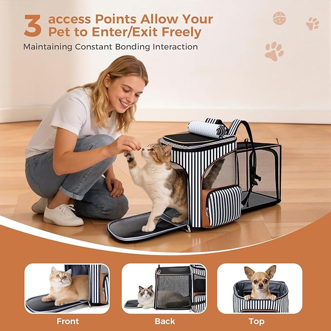 Lekereise Pet Carrier Backpack Expandable Cat Backpack for Small Dogs Cats, Dog Backpack Bag with Breathable Mesh and Inner Safety Leash, Striped