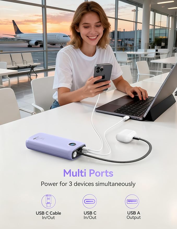 Portable Charger, 45W 20000mAh Power Bank with in/Out Fast Charging USB C Cable, 3W Flashlight, LED Display, Portable Battery Pack Travel Essentials for iPhone 17/16/15, Android Phone, Tablet, Laptop
