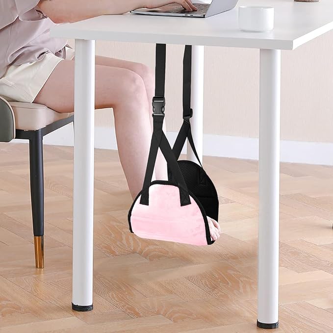 Airplane Foot Rest (Travel Comfortably), Pink Nylon Foot Hammock with Adjustable Metal Frame, Perfect for Airplane, Train, or Office Use