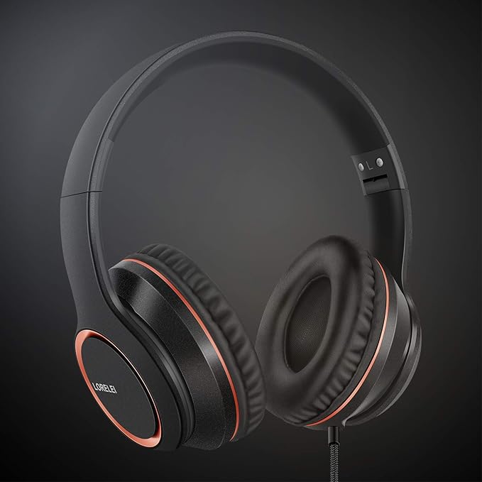LORELEI X8 Over-Ear Wired Headphones with Microphone with 1.45m-Tangle-Free Nylon Line&3.5mm Plug,Lightweight Foldable & Portable Headphones for Smartphone,Tablet,Computer,Mp3/4(Space Black)