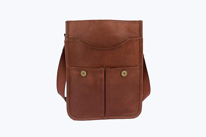 Genuine Vintage Leather Crossbody Messenger Bag, Slim Vertical Messenger Bag Fits 13 Inch Laptop, Unisex Shoulder Bag with Adjustable Straps and Brass Accessories, Brown