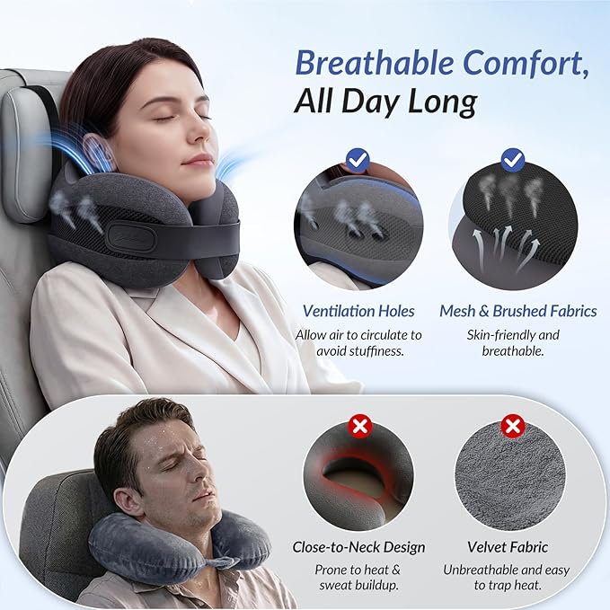 ZIKEE Dual-Layer Memory Foam Neck Pillow for Airplane, Travel Pillow with Seat Straps to Secure Head & Neck, Ergonomic Ear-Friendly Neck Pillow for Traveling with Breathable Vent Holes, Airy Cover