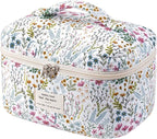 uekeboag Large Travel Quilted Makeup Bag for Women, Floral Cotton Cosmetic Bag, Coquette Aesthetic Floral Toiletry Organizer Bag