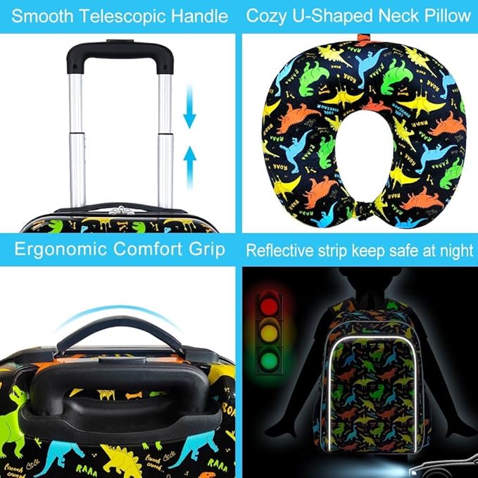5Pcs Kids Suitcase Set for Boys, 16.5" Hardside Luggage with Spinner Wheels, Dinosaur Travel Carry on Luggage Airline Approved (Black)
