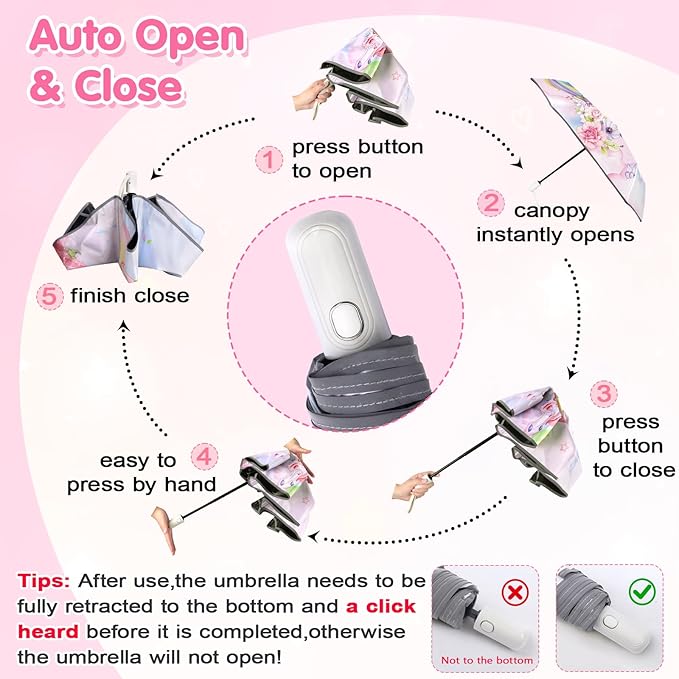 Kids Folding Umbrella Auto Open/Close Umbrellas for Rain Round Corner Safe Design UV Resistant Automatic Children Travel Umbrellas Reinforced Canopy 360° Reflective Strip Lightweight for Girls & Boys