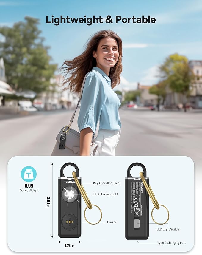 TECKNET Rechargeable Personal Safety Alarm for Women, 130dB Self Defense Keychain Alarms with SOS Strobe Light, Low Battery Notice, Personal Alarm Loud Siren Safety Keychain for Girls Kids Elderly