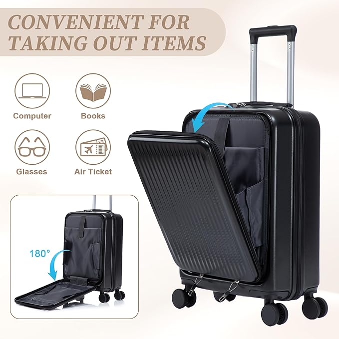 GDFStudio 14/20 Inch 2 Piece Luggage Set with Front Opening Design, ABS Hard Shell Spinner Suitcase with Combination Lock,360° Silent Wheels, Retractable Handle, and 14” Portable Cosmetic Case,Black