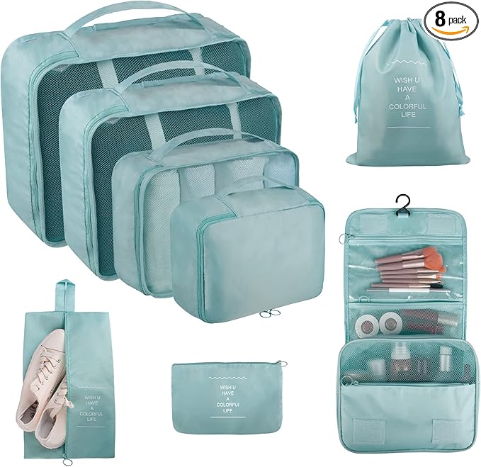 Packing Cubes, 8 Pcs Travel Packing Organizers for Suitcases, Large Capacity Travel Luggage Organizers Set includes 8 Storage Bags, (Light Blue)