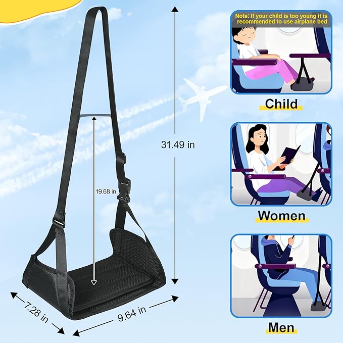 Airplane Foot Hammock for Plane Travel, Detachable Bamboo Airplane Foot Rest for Long Flight, Desk Foot Hammock Travel Essentials with Extended Adjustable Strap to Relax Your Feet - 2 Pack