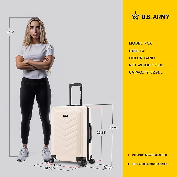 US ARMY Fox 24 inch Hardside Luggage with Spinner Wheels | Lightweight Medium Suitcase for Shorter Travel | Chevron Icon, Gel Handle, Side Studs, Retractable Trolley, Heavy Duty | Sand