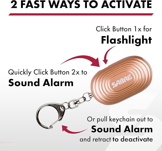 SABRE 2-in-1 Personal Alarm with LED Light, 130dB Personal Safety Siren, Snap Hook for Instant Access, 1,250 Foot (381 Meters) Range, Compact Design for Easy Attachment to Purse, Bag, or Keys