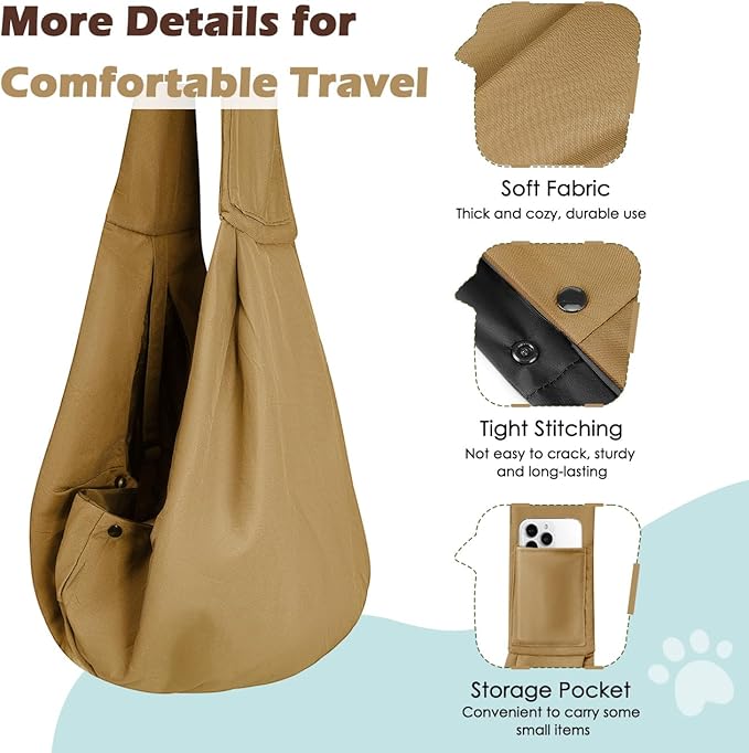 Pawaboo Small Dog Sling Carrier, Reversible Hands Free Dog Sling Carriers for Small Dogs and Cats, Puppy Slings Carrier with Safety Harness, Puppy Essentials, Khaki