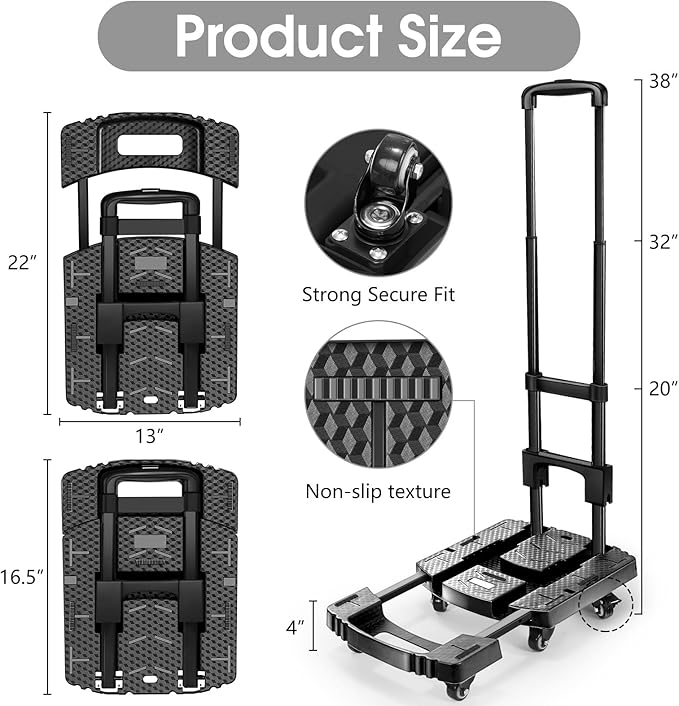 Folding Hand Truck with 6 Wheels and Elastic Ropes - Portable Heavy Duty Dolly Cart for Travel and Moving