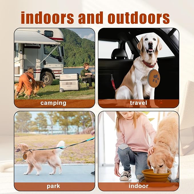 Collapsible Dog Bowls, 2-in-1 Silicone Pet Food and Water Bowl with Carabiner, Portable Double Compartment Dish for Travel, Camping, Hiking Puppy Essentials (Green Brown)