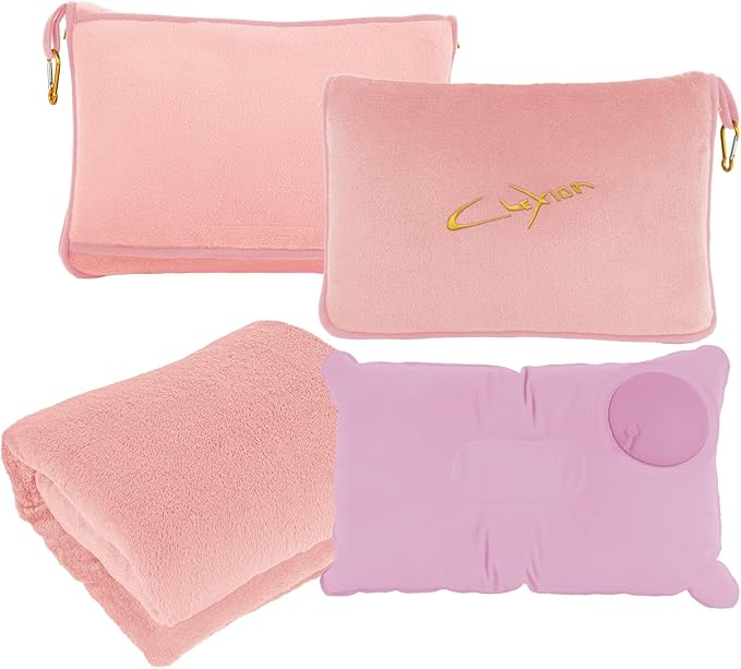 Travel Blanket and Pillow Set, 300 GSM Soft Fleece, 60x43 Inches, 3-in-1 Compact with Bag, Pink