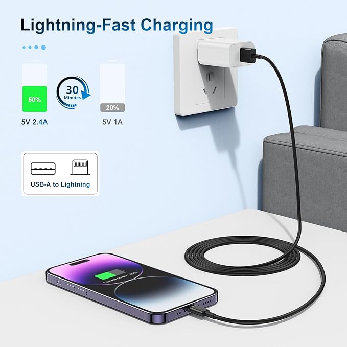 3 Pack Apple MFi Certified iPhone Charger Cable 6ft, Apple Lightning to USB Cable Cord 6 Foot, 2.4A Fast Charging Apple Phone Long Chargers for iPhone 11/11Pro/11Max/ X/XS/XR/XS Max/8/7/6 Black