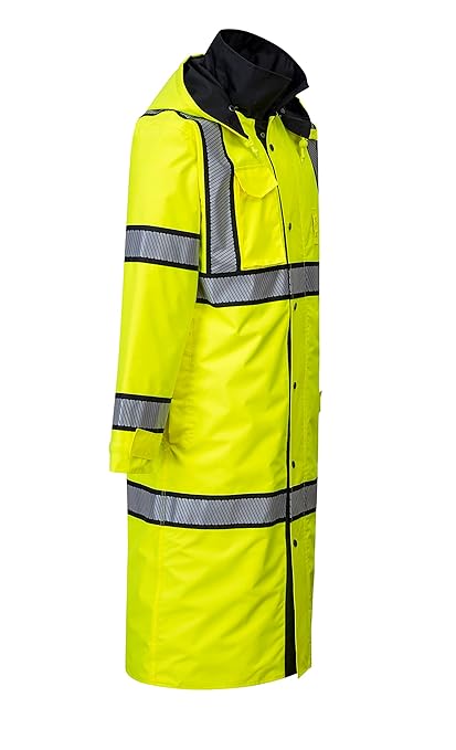 Portwest UH447 Waterproof Reversible Raincoat Hi Vis Reflective Long Safety Rain Jacket Yellow/Black, 4X-Large