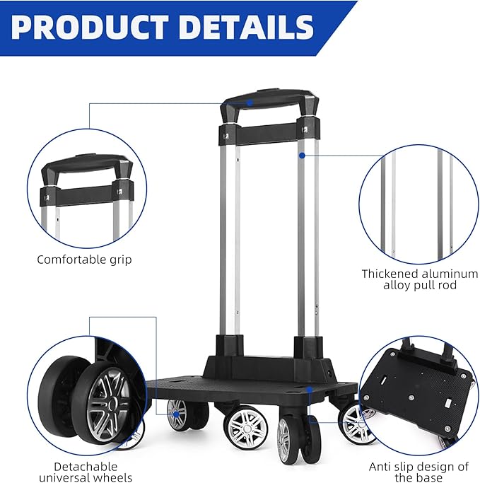 Backpack Trolley, Wheeled Folding Luggage Travel Cart Aluminum -Roller Carrier for Backpack/Schoolbag/Boxes(5 Wheels Detachable)