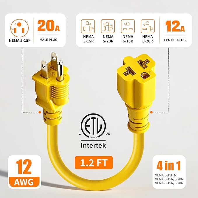 4-in-1 15 Amp to 20 Amp -1ft Extension Cable&Power Adapter， T Blade Adapter - 5-15P to 5-20R, 6-15R, 6-20R，12AWG AC Power Plug Adapter Cable