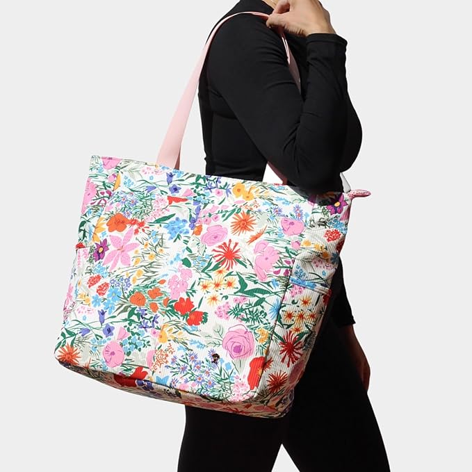 ESVAN Original Floral Tote Bag Large Shoulder Bag with Multi Pockets for Gym Travel Beach Daily Bags