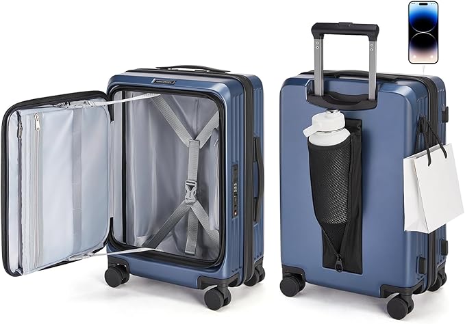 BAGSMART Top Opening Carry On Luggage 22x14x9 Airline Approved with TSA Lock, Expandable 20 Inch Deep Compartment Hard Shell Suitcases with Double Spinner Wheels, Blue