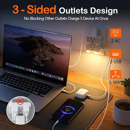 Outlet Extender 2 Pack, 2 AC Multi Plug Wall Outlet with 2 USB Ports (1 PD 20W USB C Charger), Outlet Splitter 3 Way Angled Wall Plug Adapter with Night Light, for Kitchen Bathroom Travel Cruise Ship
