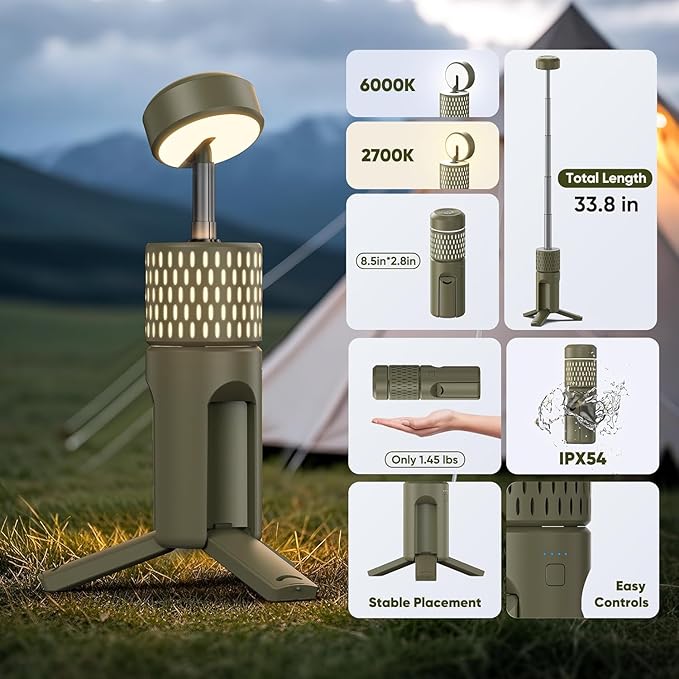 Camping Light Telescopic, Collapsible Tripod Camping Lantern, 12000mAh Rechargeable Camping Lamp with Stand, Dimmable & Portable IPX54 Waterproof Flashlight for Emergency (Military Green)