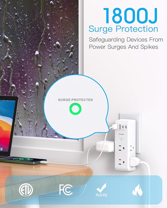 PD 20W Surge Protector Outlet Extender, Rotating Plug, One Beat 6 AC Multi Plug Outlet with 4 USB Ports (2 USB C), 1800J, 3-Sided Swivel Power Adapter with Spaced Outlet Splitter for Home Office Dorm