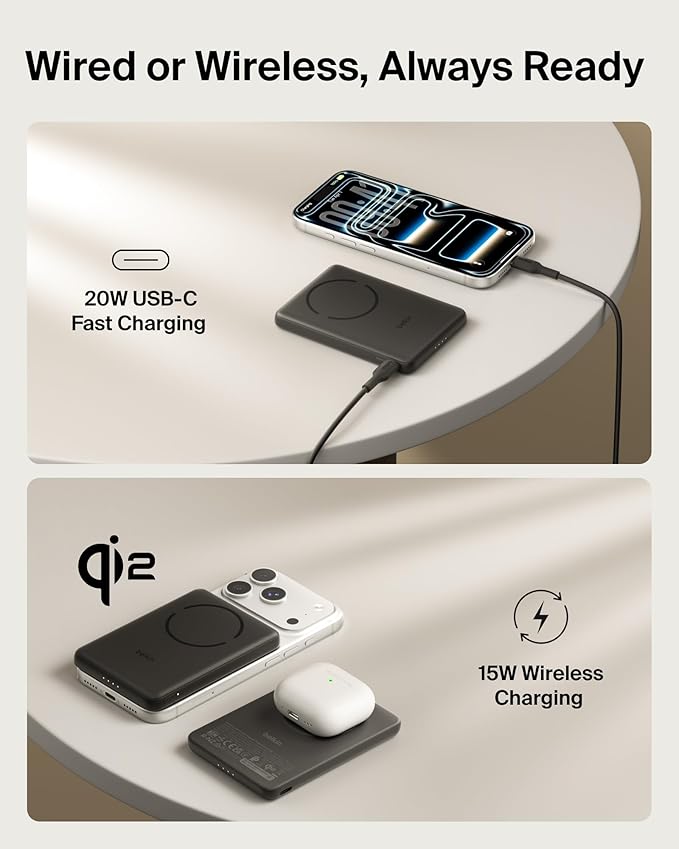 Belkin MagSafe Power Bank 5,000mAh, Ultra-Slim Qi2 15W Certified Magnetic Back Supports MagSafe Accessories On-the-Go, Wireless Battery Pack w/USB C Cable for iPhone 17, Pixel 10, Travel - Black