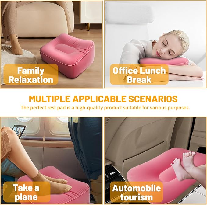 Inflatable Foot Rest Pillow for Travel,Kids Airplane Bed,AdjustableAir Travel Essentials,Car, Office, Home - Fast Inflation （Pink