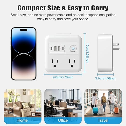 Multi Plug Outlet Extender with 2 USB-A + 2 USB-C & Phone Holder, HITRENDS 1875W/16A 4-Outlet Extender, Non Surge Protector Travel Cruise Ship Essentials, Electrical Wall Splitter for Home Office