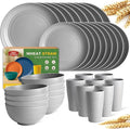 Teivio 32-Piece Kitchen Plastic Wheat Straw Dinnerware Set, Service for 8, Dinner Plates, Dessert Plate, Cereal Bowls, Cups, Unbreakable Colorful Plastic Outdoor Camping Dishes, Light Gray