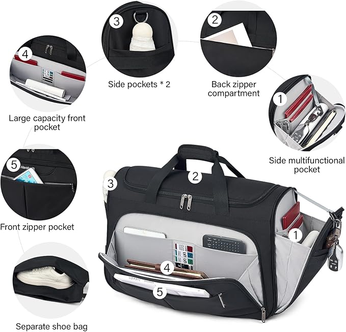 Hanke Large Capacity Travel Duffel Bag, Carry On Luggage with 12 Pockets, 17 Inch Laptop Compartment, Wet Dry Separation & Independent Shoe Bag, Lightweight Foldable Duffel Bag for Women Men（Black）