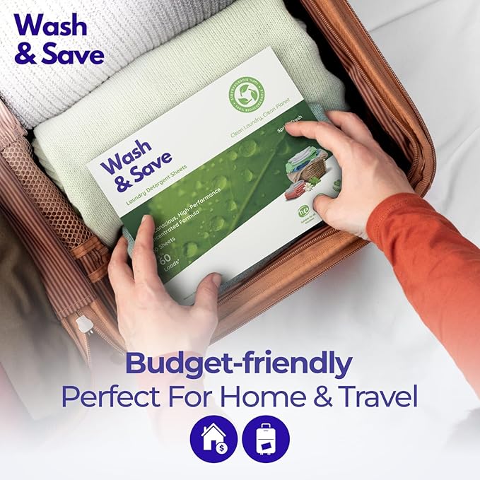 WASH & SAVE Laundry Detergent Sheets - 60 Loads / 30 Sheets | Plant-Based, Eco-Friendly, Hypoallergenic Liquidless Detergent | Perfect for Travel & Dorm - Spring Fresh