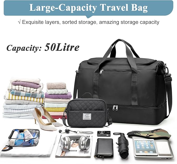 Large Travel Duffle Bag,Carry on Overnight Bag with Shoes Compartment,Weekender Bags for Women for Travel Business Trips Sport Hospital,3 Pcs Set,Black