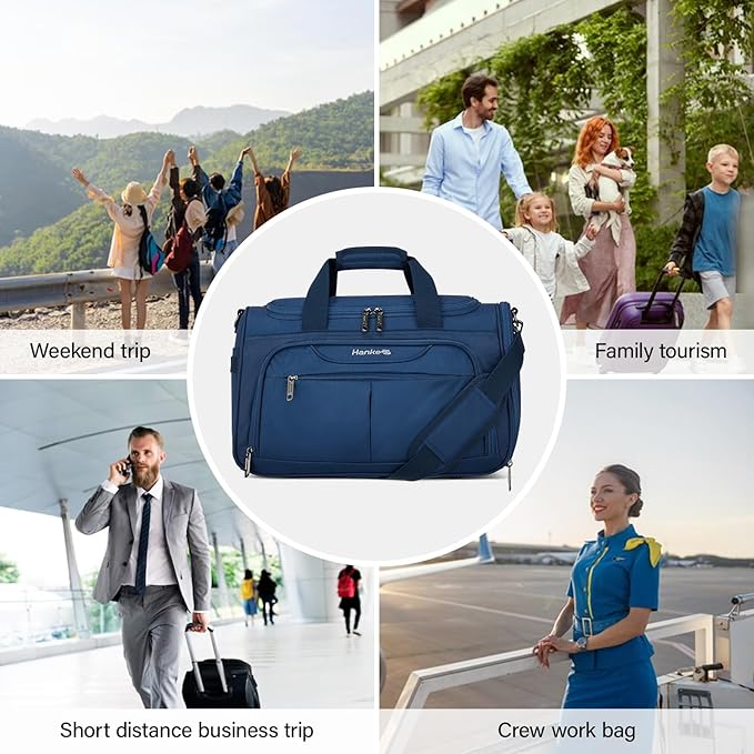 Hanke Small Travel Duffel Bag, Under Seat Carry On Personal Item Bag with 11 Pockets, Lightweight Water Resistant Foldable Weekender Bag with Trolley Sleeve for Travel Gym Daily Use（Blue）