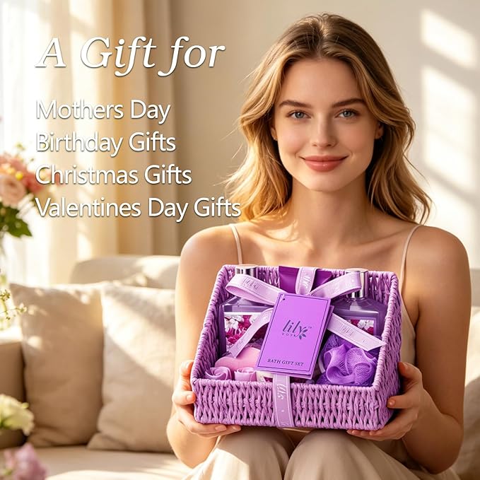 Gifts for Women - 9 Pcs Lavender Bath and Body Gift Basket, Set Spa Gift Basket for Women, Gift Baskets, Spa Kit | Christmas Gifts, Birthday, Mothers Day, Valentines Day Gift Set for Her All Occasion