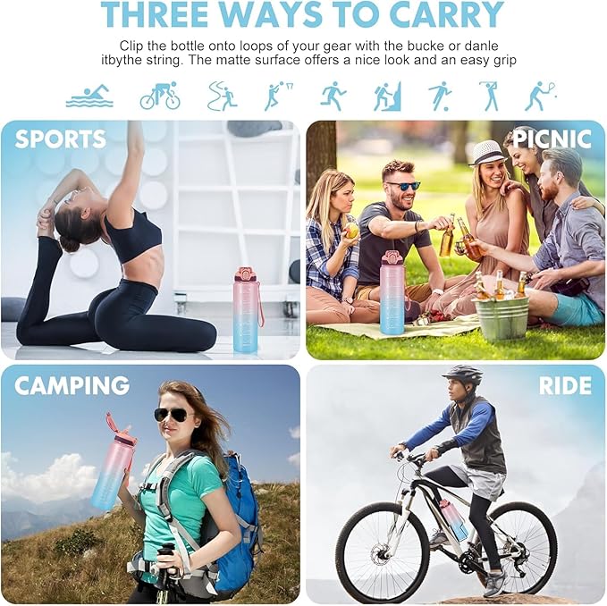 Water Bottle with Straw 1L,Boys Water Bottles with Straw 1 Litre,Waterbottle Leak-Proof Sports Water Bottle,Plastic Drinks Bottles Toxin Free，Bpa-Free (Pink Blue)